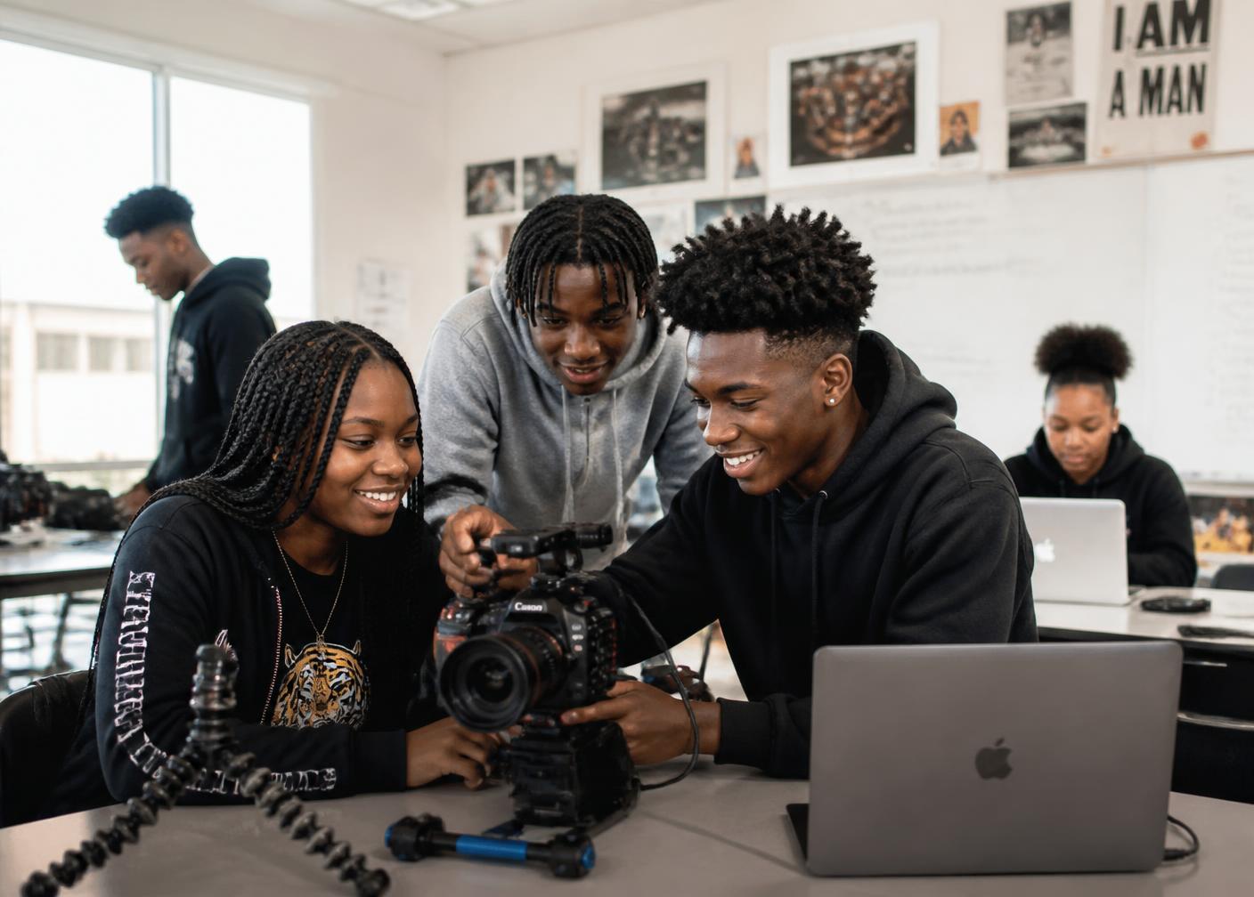 Students working with production cameras in an EverPledge Academy media class