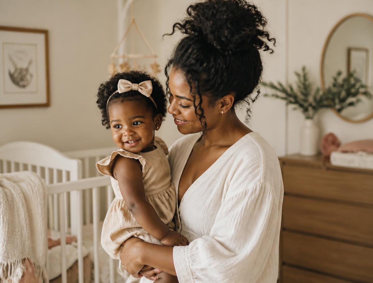 Mother holding her young daughter in a nursery