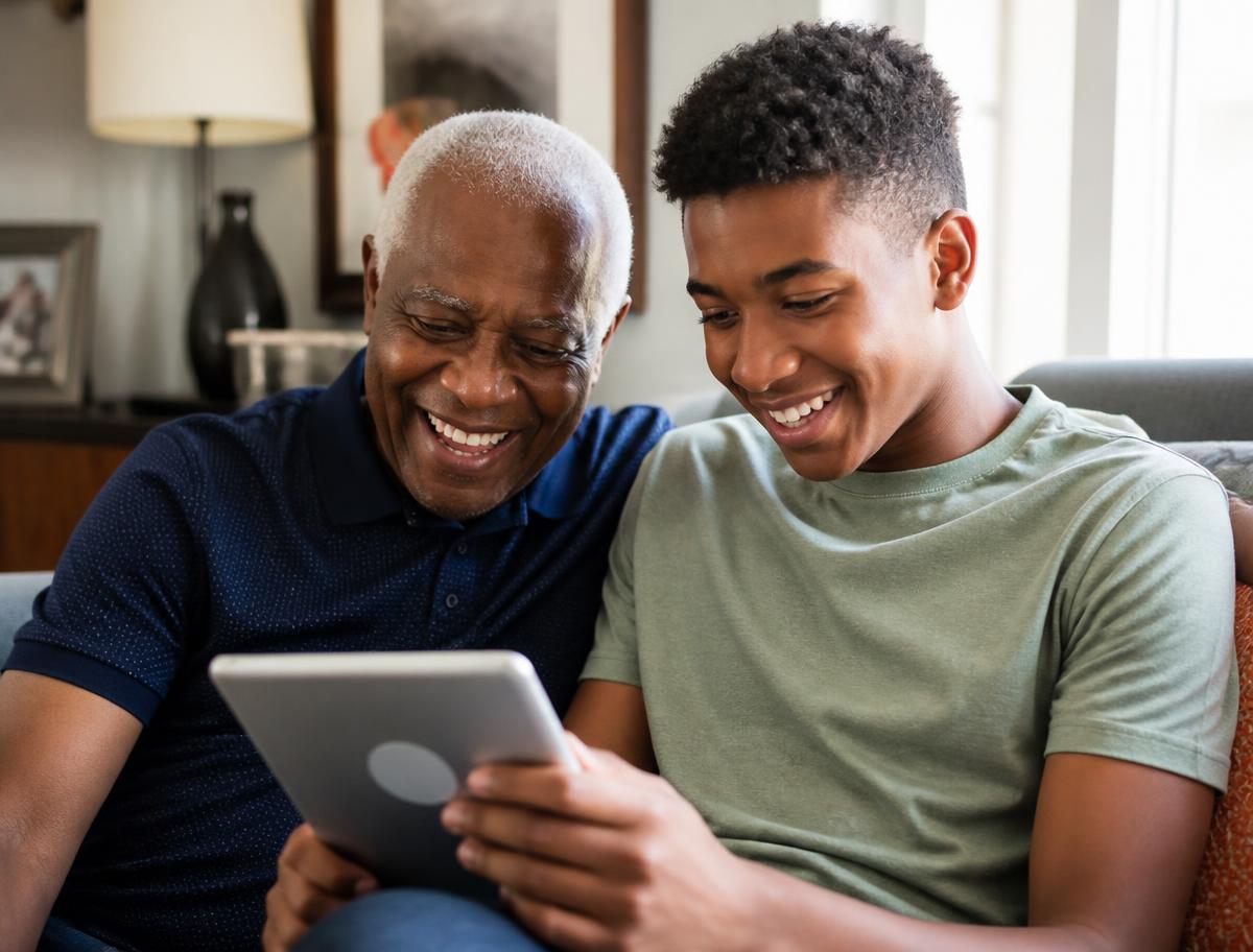 Grandfather and grandson looking at a tablet together