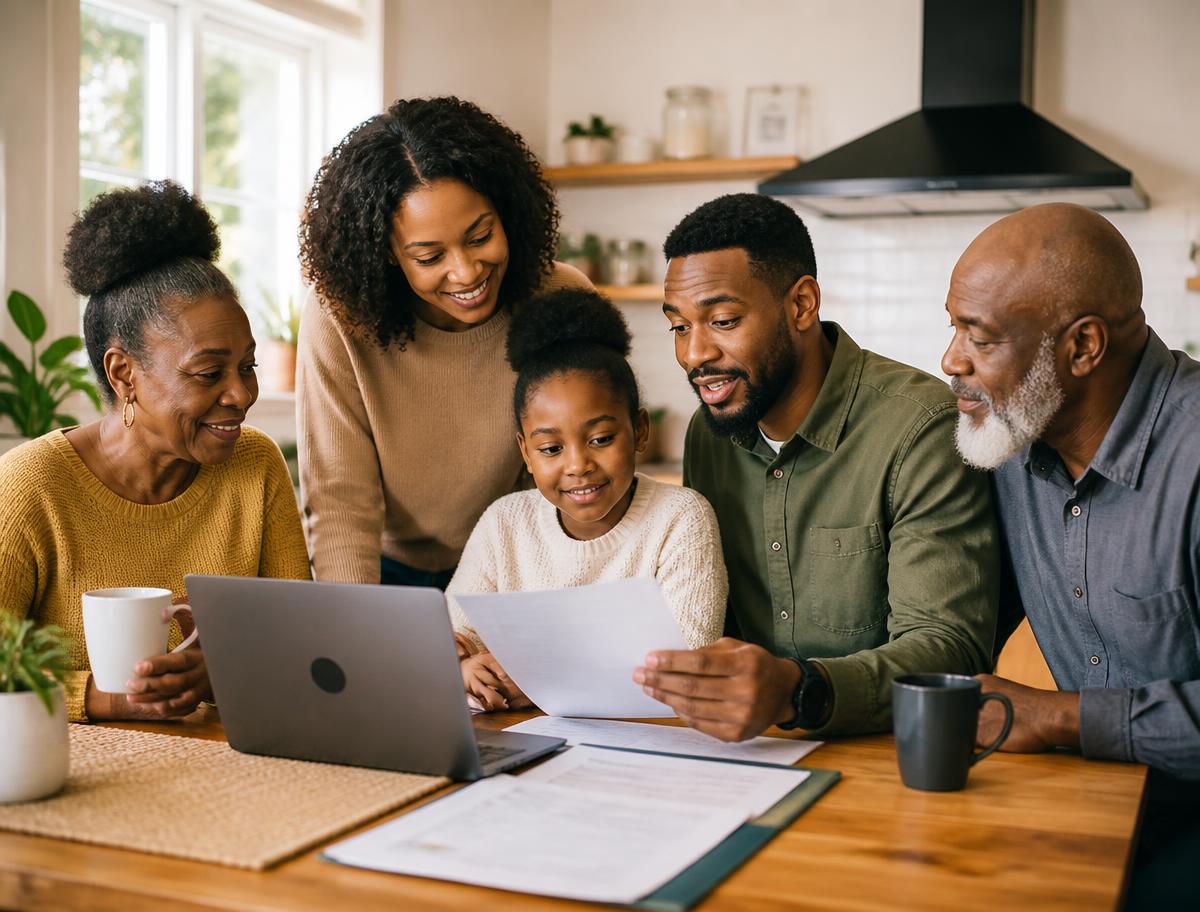 Family reviewing household paperwork together at the kitchen table