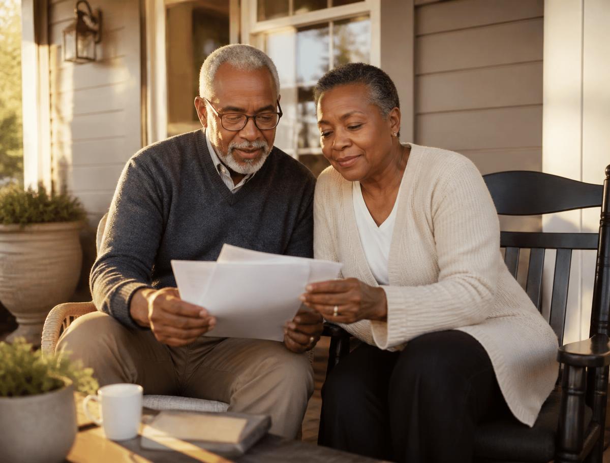 Retired couple reviewing retirement documents on their porch