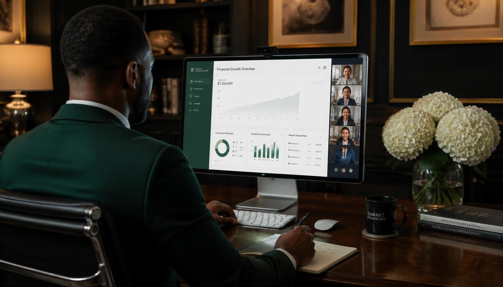 Broker reviewing a household financial plan on a video call