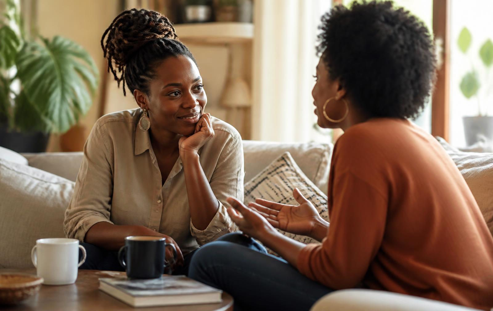 Two women in conversation on a sofa