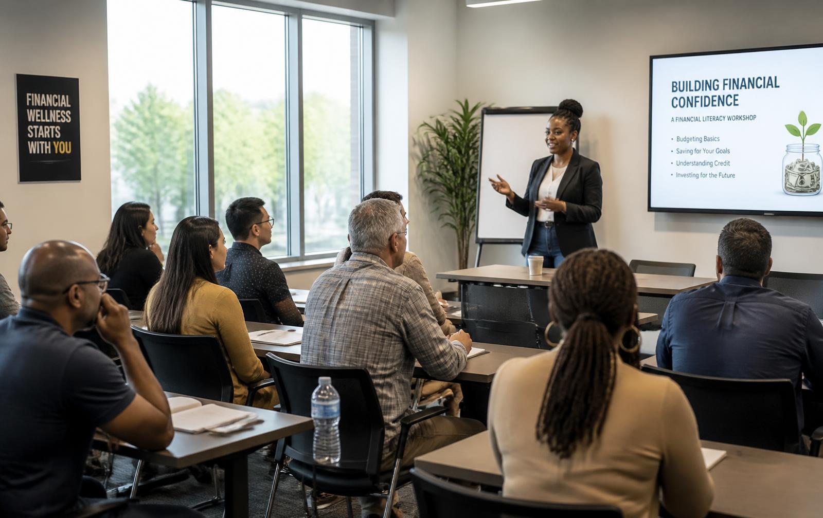 Financial literacy workshop being delivered to employees in a training room